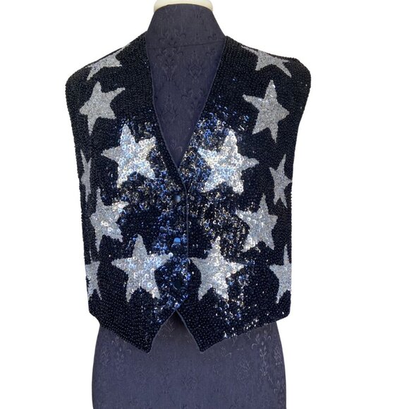 Vintage JC 001 USA Sequin Black and Silver Star Vest Size L - Picture 1 of 6